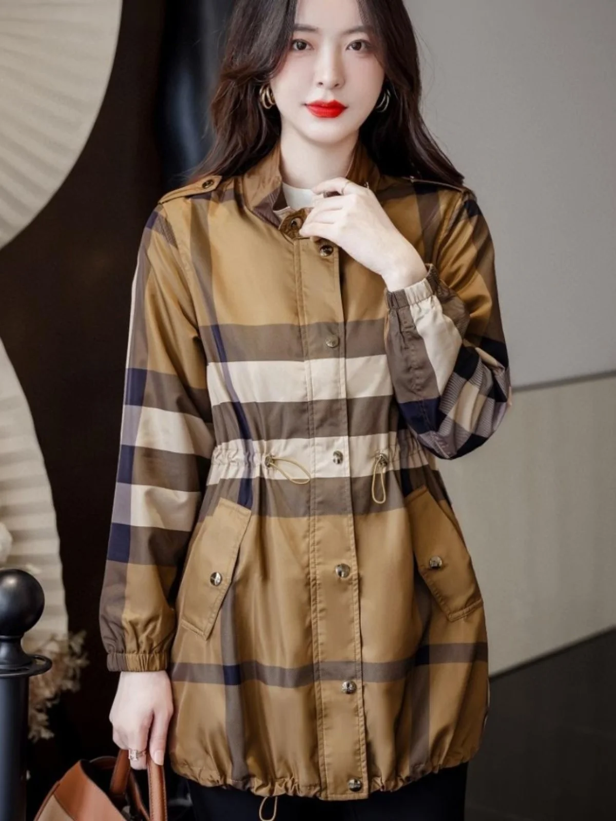 

High Quali Autumn Winter Plaid Midi Length Women's Coat BET Mature Outerwear Sli Commute Briti Sle Slim Fit