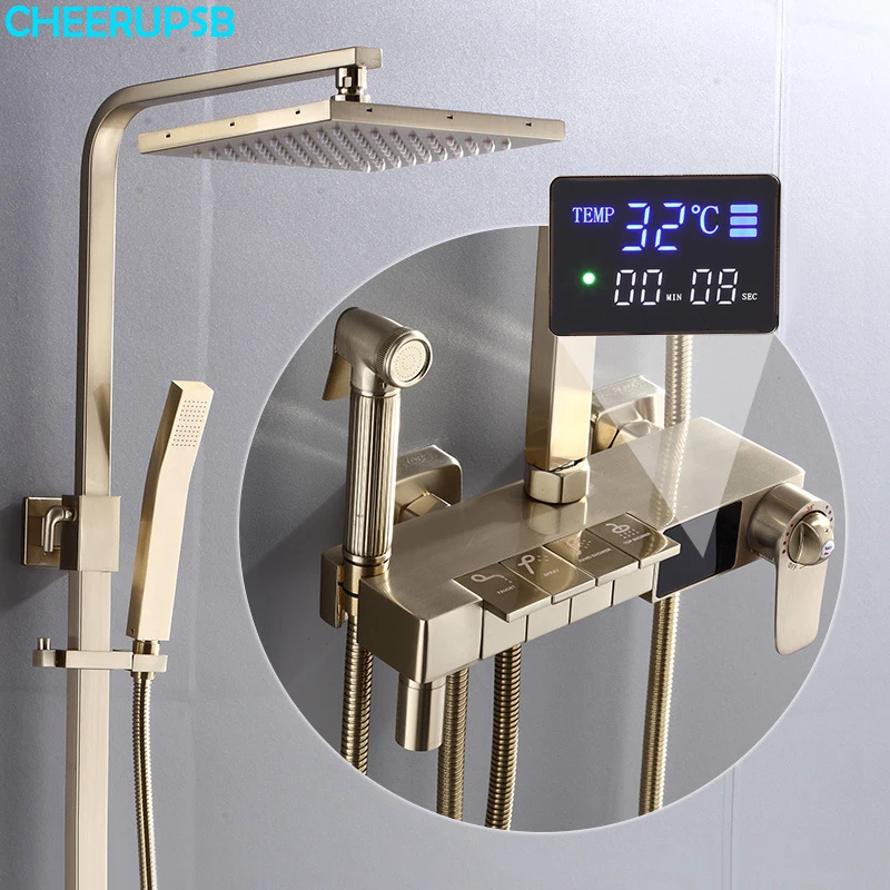 Brush Gold Rain Shower Faucet Bathtub Wall Mount Hot Cold Thermostatic Mixer Shower System Bathroom LED Digital Luxury Bath Set