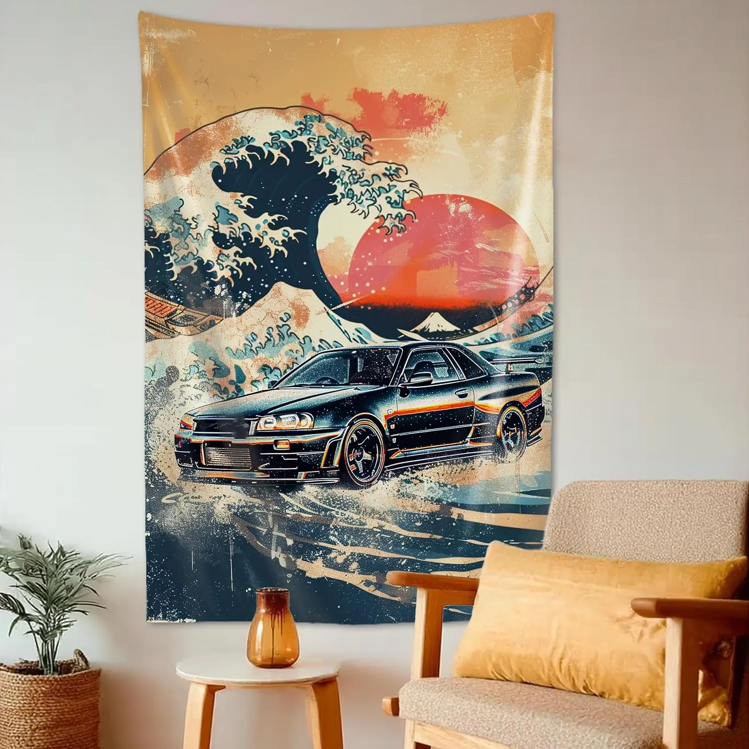 سيارة نسيج بارد الرياضة سيارة جدار الفن اليابانية موجات كبيرة جدار ديكور الرجعية ديكور غرفة السيارة للرجل الكهف المرآب مكتب غرفة نوم #1