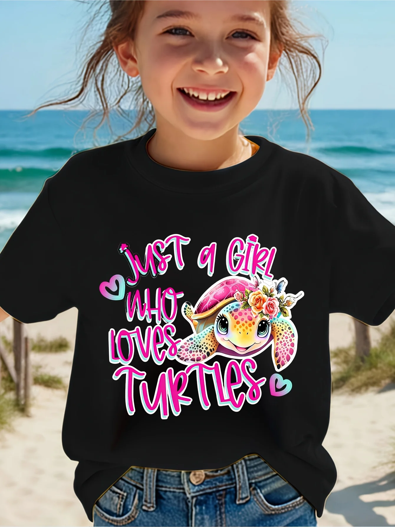 **Just A Girl Who Loves Turtles Kids Tee Cute Sea Turtle Boys Girls Short Sleeve Family Matching Ocean Animal Cotton Tops**