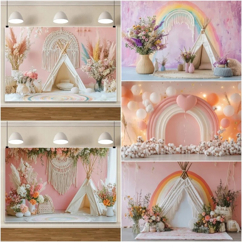 

Floral Tent Rainbow Photography Backdrop Baby Girl 1st Birthday Background Christening Party Decor Indoor Photocall Studio Shoot