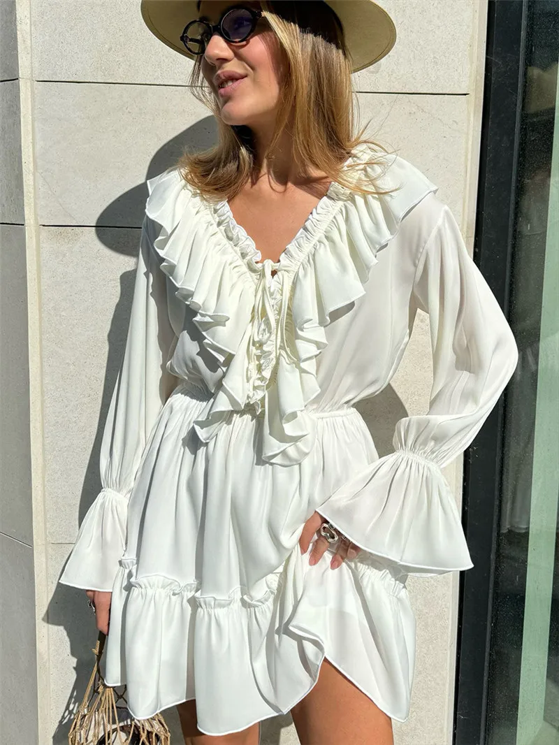 

Elegant Long Sleeve Ruffles Women Dress Fashion V Neck Lace Up Casual Mini Vestidos 2025 Holiday Party Clubwear Ladies Outfits