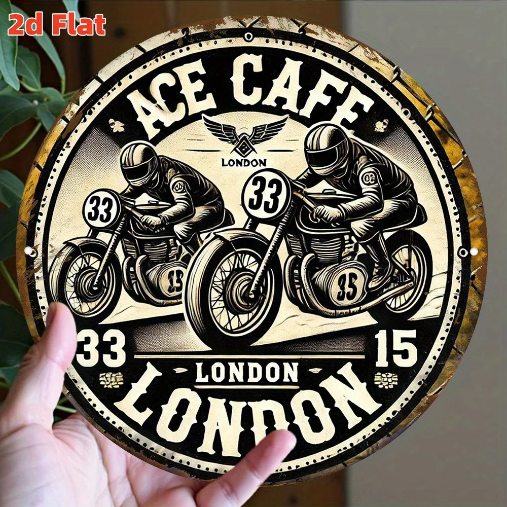 2D Flat, Vintage London Motorcycle Cafe 2D Flat Metal Sign - 19.81cm Round Aluminum Wall Art with Racing Scene, Durable Indoor/O image 3