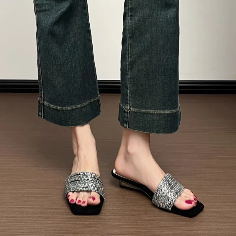 Slippers Woman Sandals Temperament Rhinestone Slippers Summer Wear Low Heel Slope Square Head Cool Slippers