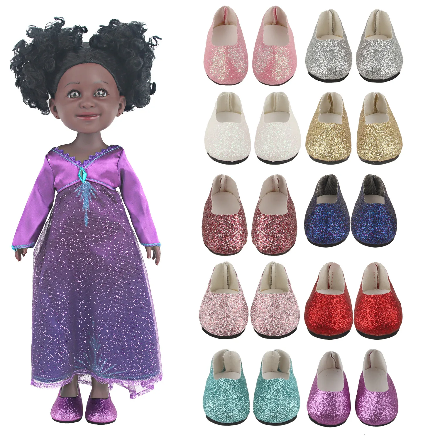 Cute 5 Cm Sequin Simple Shoes For 14 inches American Doll 10 Colors Mini Doll Shoes For 35Cm Baby New Born Doll Accessories DIY