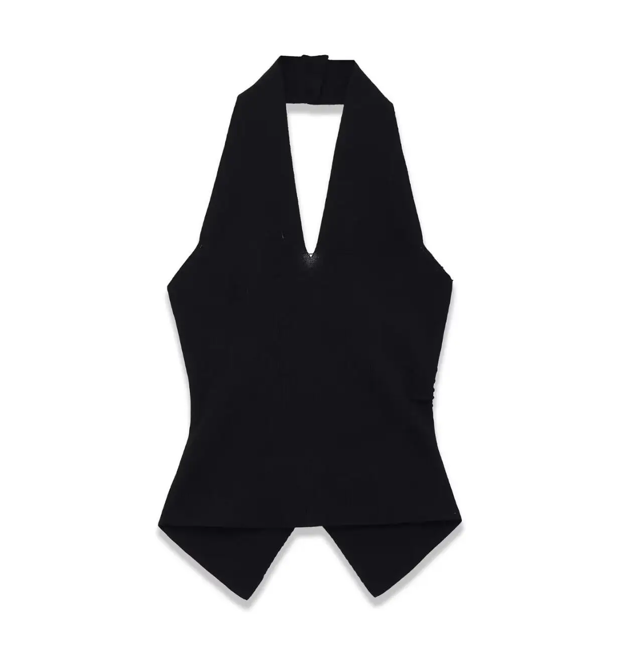 Nowa seksowna czarna dzianinowa bluzka typu halter z dekoltem w serek, odkrytymi guzikami, dopasowany top damski bez pleców, letnia koszulka bez rękawów.