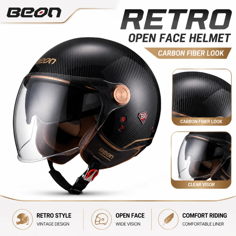 BEON Retro Open Face Motorcycle Helmet Carbon Fiber Look Scooter Riding Helmet Clear Visor Vintage Style for Men Women