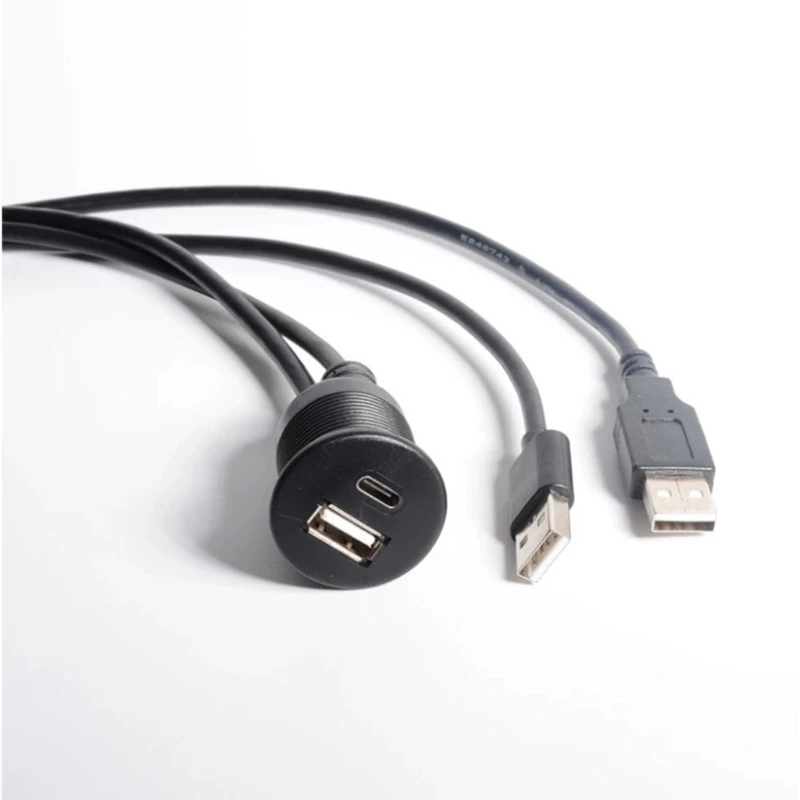 Rugged USB 2.0 Extension Cord Double USB A Male to USB and Type C Port 1M Length for Automotive Marine Panel 