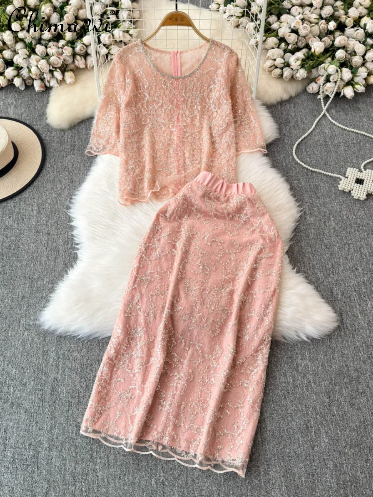 

French Elegant Diamond Beaded Sequined Round Neck Short Sleeve Lace Top High Waist Slim Hip-wrapped Skirt Two-piece Set Women