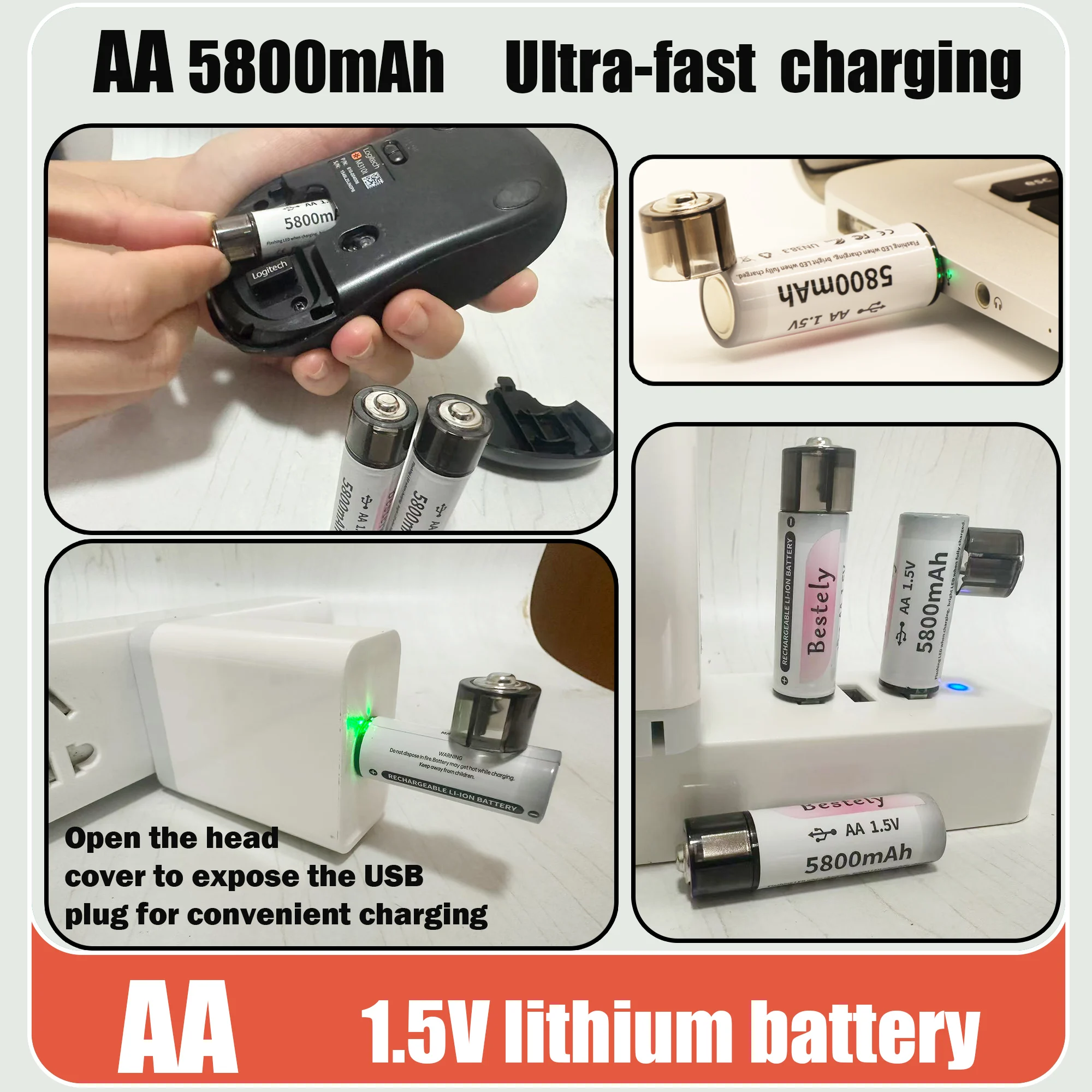 1.5V  USB Rechareable AA Lithiugm  Battery, 2025 New High capacity 5800mAh Fast charging controller for mice