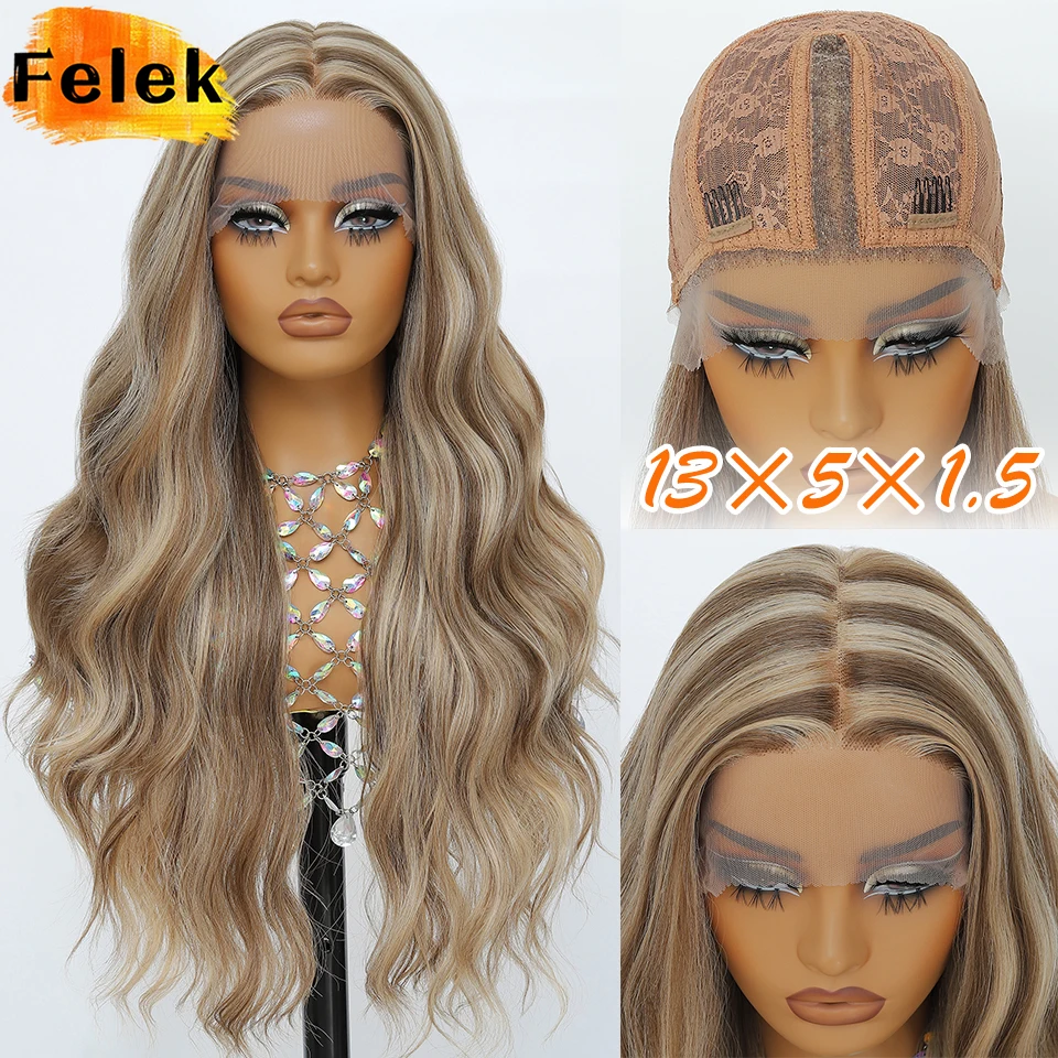 Honigblonde Spitzenperücken für Frauen, 71,1 cm, synthetische gewellte Perücke, Mittelteil, Ombre-Braun, T-Teil, lockige Perücke, natürlich aussehend für die tägliche Party