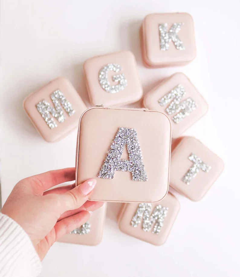 Initials pink Jewelry Box Personalized Gift for Bridesmaids bride shower Proposal Gift Ideas Travel Jewelry Case Birthday Gift