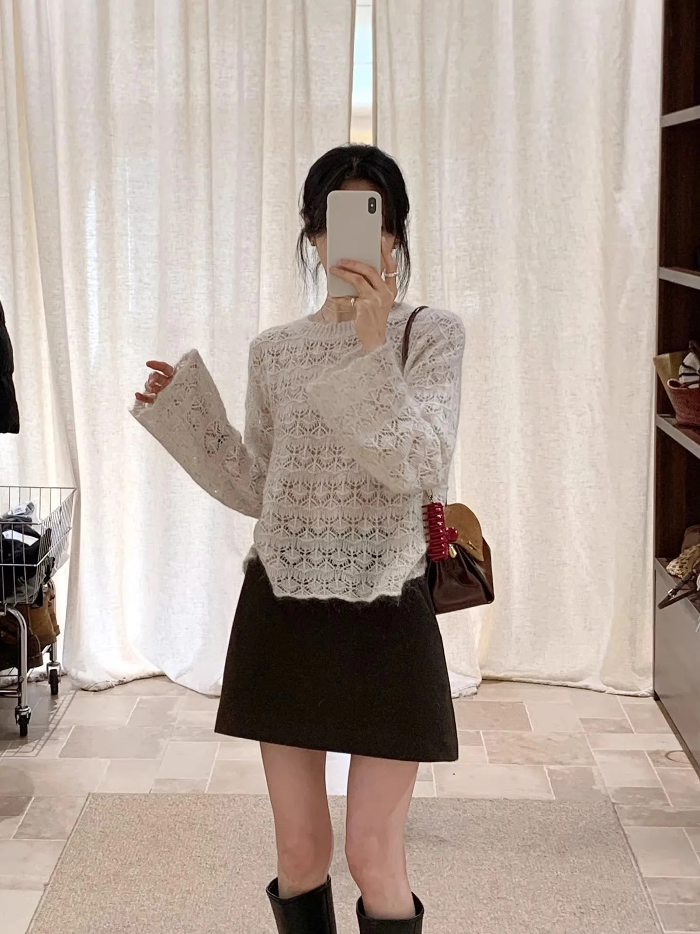 

BRIIVN Korean Sle Heavy Work Floral Knitted Sweater Women's Autumn Winter Loose Fit Long Sve Hollow out Slimming Top