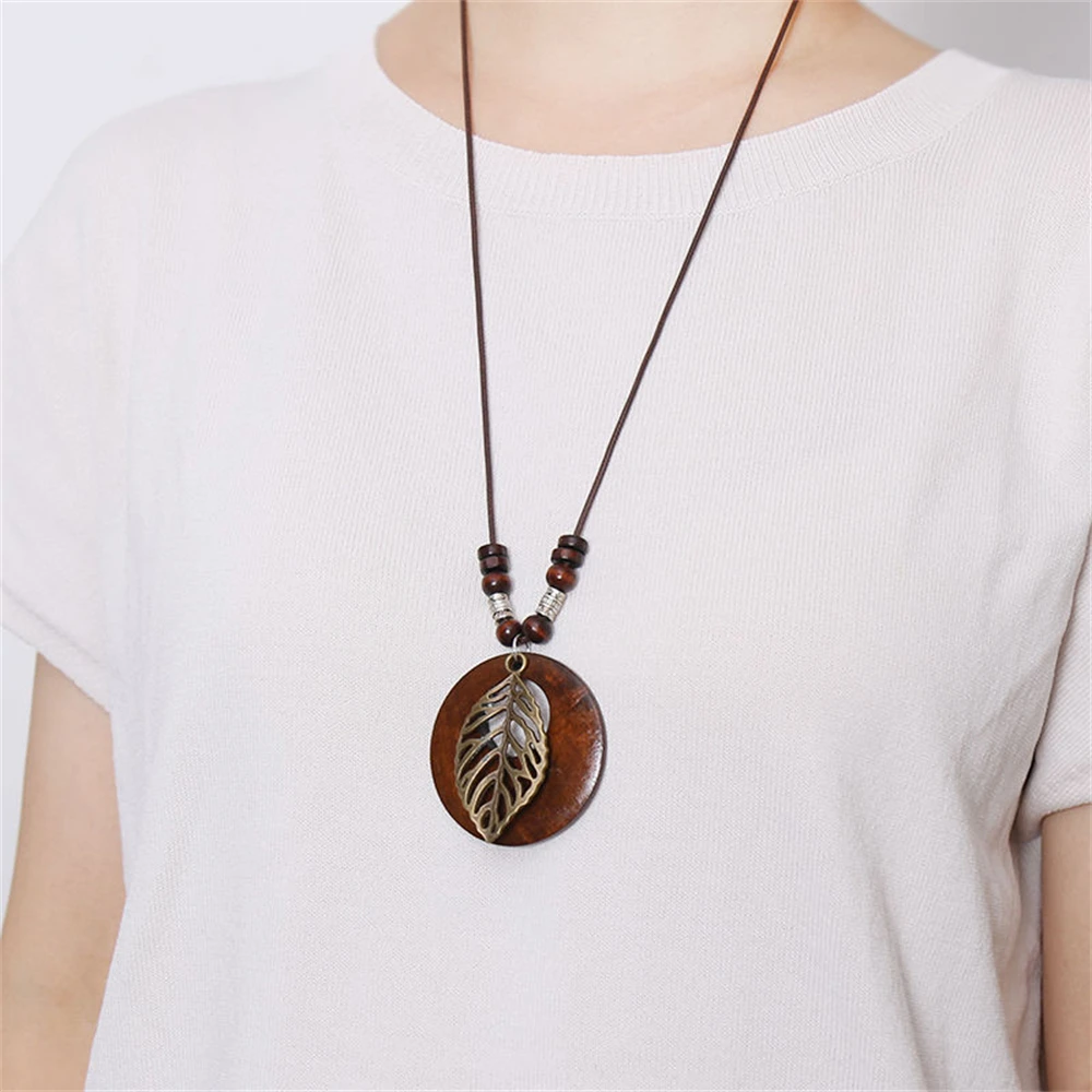 Retro Round Wooden Leaf Pendant Necklace Ethnic Style Metal Owl Rudder Tree Necklaces For Women Long Wax Rope Sweater Chain Gift