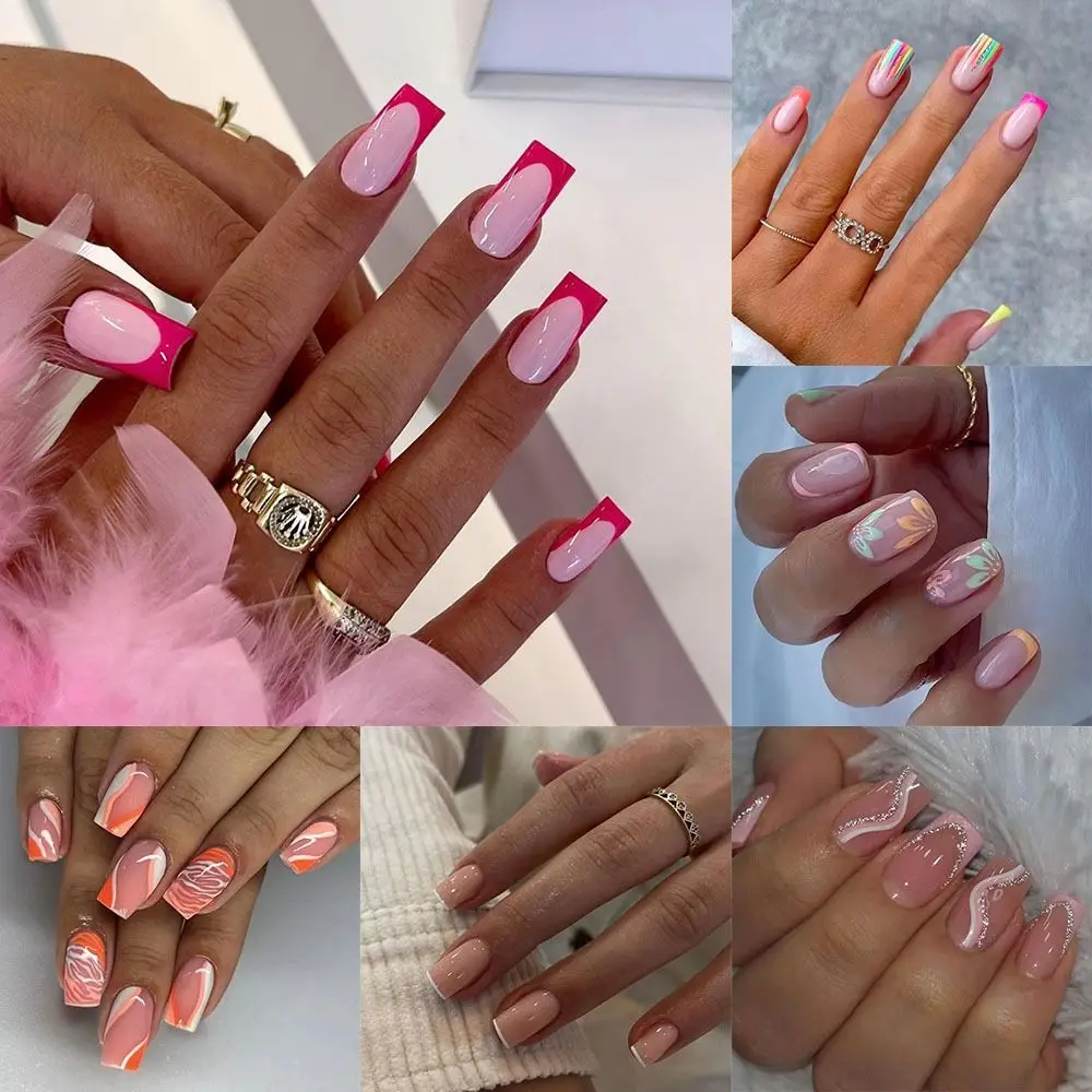 

Long Square False Nails Fashion Pink White Stripes French Flower Press on Nails Detachable Full Cover Fake Nials DIY