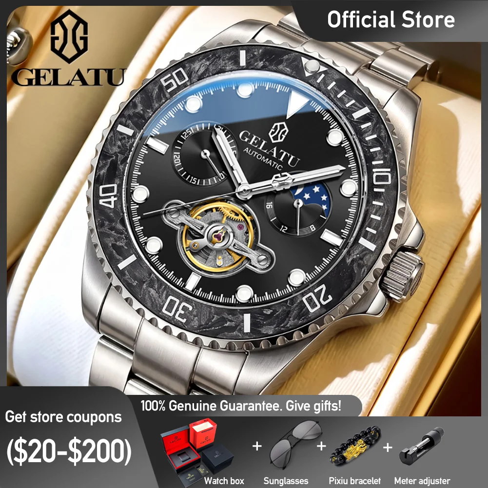 GELATU 6036 Mechanical Skeleton Movement Watch For Men Moon Phase Stainless Steel Diving Chronograph Green Night Light Watch