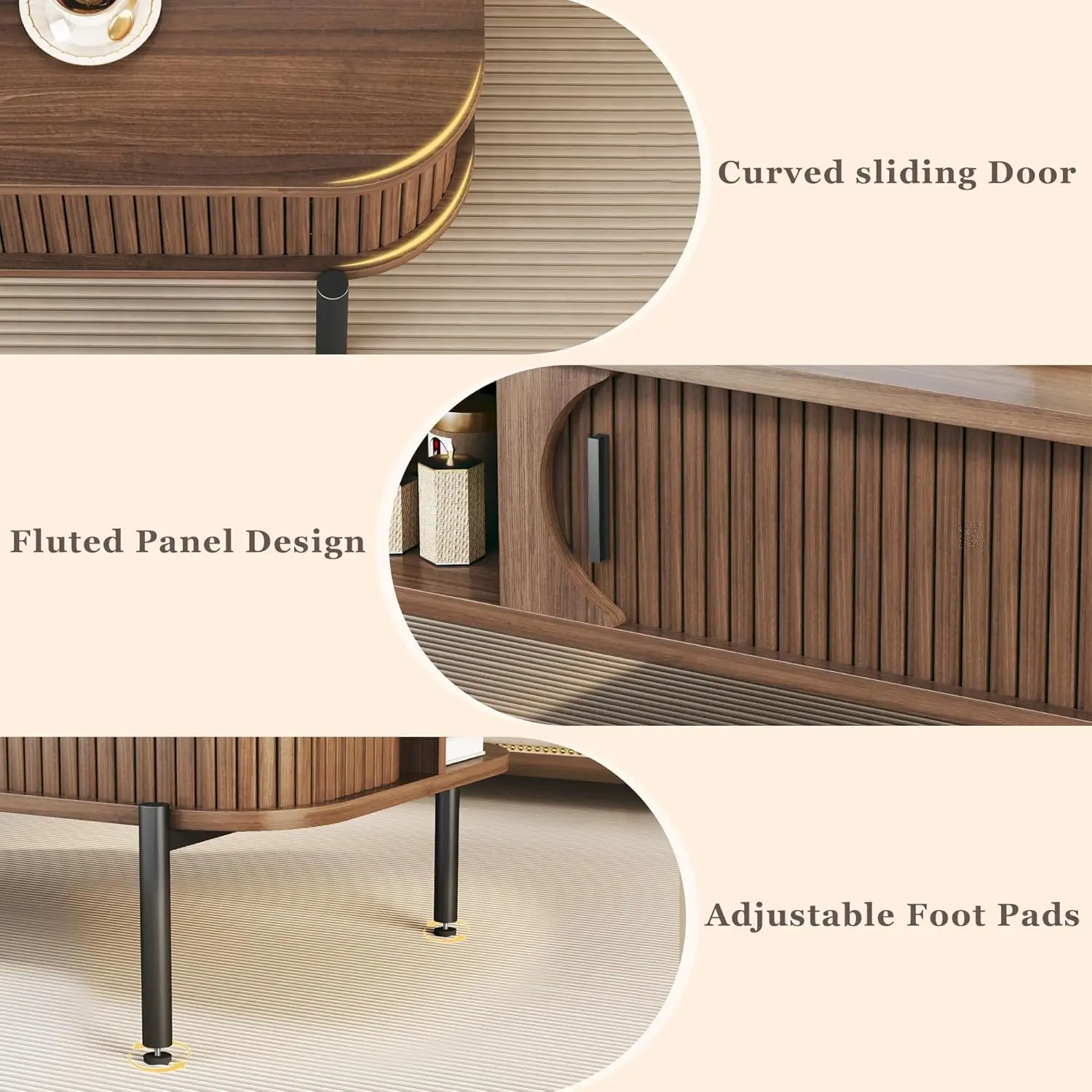Stolik kawowy, 100 cm, stolik kawowy z radełkowanym blatem do salonu, stolik w stylu mid-century modern z przesuwnymi drzwiczkami szafki, 2-poziomowy, rustykalny drewniany stolik D
