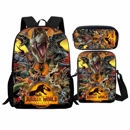 Imagen 2 del producto Nuevo producto, mochila para estudiantes de Jurassic World impresa, conjunto de tres piezas, mochila de dinosaurio Jurásico, bolso de hombro, estuche para lápices
