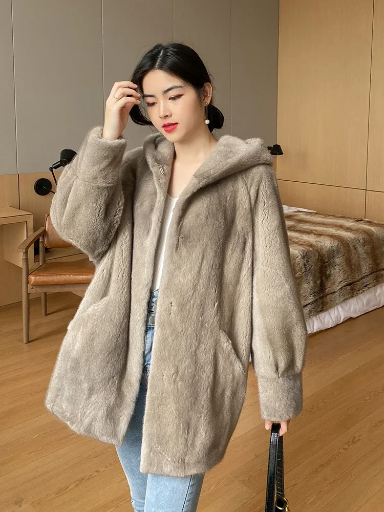 Winter New Imported Velvet Young Marten Overcoats Women's Mid-Length Whole Mink Hooded Mink Skin Fur Coat