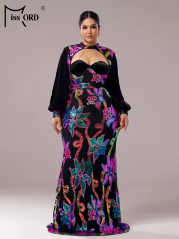 Missord Plus Size Round Neck Church Dress Lantern Sleeves Floral Sequin Mermaid Evening Gown Wedding Birthday Party Cutout Dress