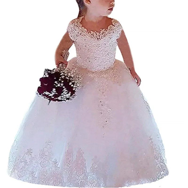 Ball Gown Princess Flower Girls Dresses Appliques with Beaded Stunning Cute Girls First Communion Dress White