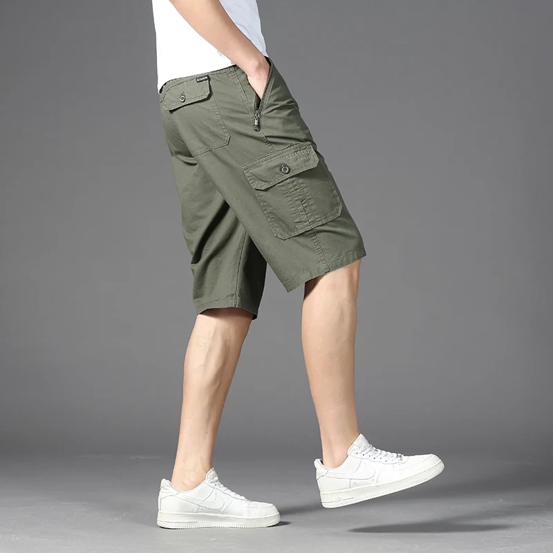 

Summer Men Clothing Pockets Shirring Button Elastic High Waisted Zipper Casual Loose Trousers Gym Office Lady Knee Length Shorts