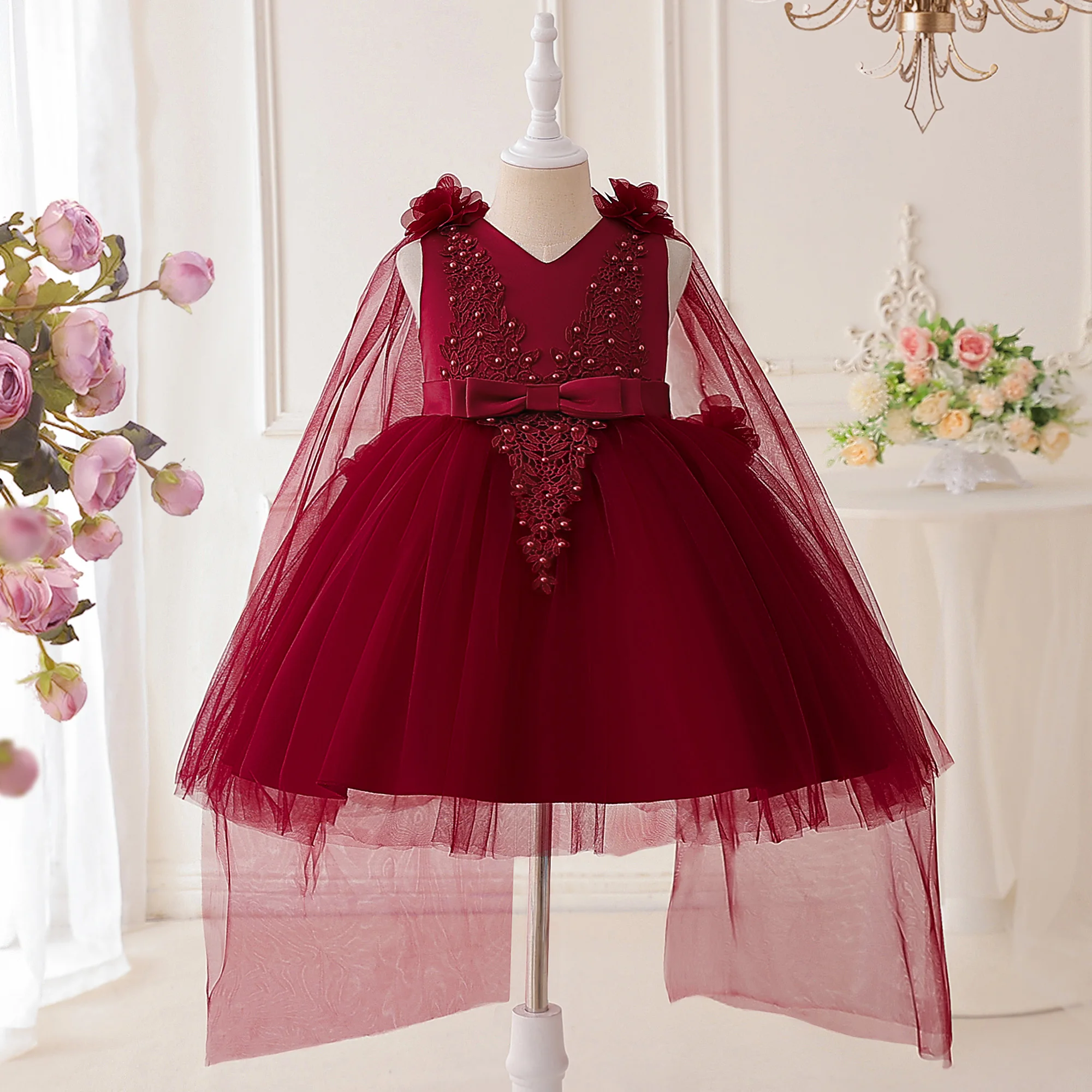 

Elegant Flower Tulle Girls Dresses Summer Bridesmaids Birthday Party Princess Prom Dress Girl Christmas Wedding Evening Costumes