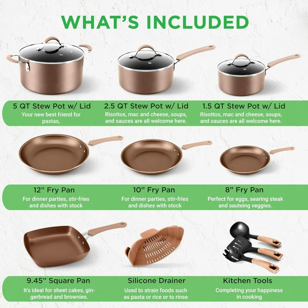 Kitchen Cookware Set Oven Pot Frying Pans Metallic Nonstick Ceramic Cookware and Bakeware Set With Saucepan Bronze (20 Pack) Bar