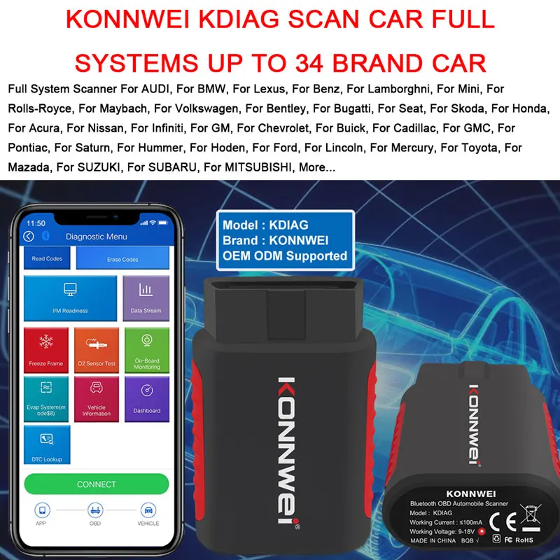 

KONNWEI KDIAG Full System Auto Diagnostic Scanner Code Reader Oil Reset Battery Match Serivce SAS EPB Service ECU Programmer