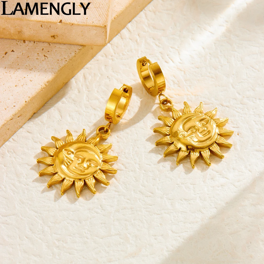 LAMENGLY 316L Stainless Steel Exaggerated Facial Features Sunflower Pendant Earrings For Women Niche Personal Eardrop Ear Buckle