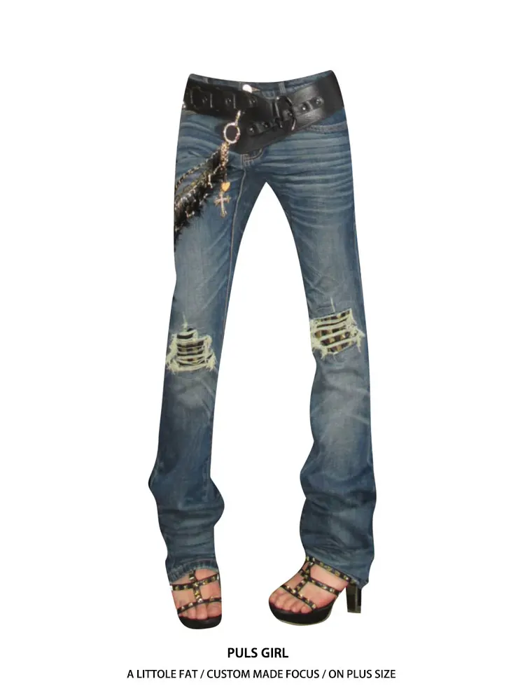 

Retro American Large Size Denim Jeans Women's Destroyed Patchwork Leather Rivet Slim Fit Long Pants Washed out Style