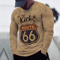 2024 Men's T-shirts Long Sleeve 3d Print Top Casual Cotton Vintage T Shirt Vintage Route 66 Tee Loose Sports O-neck Clothing 5xl