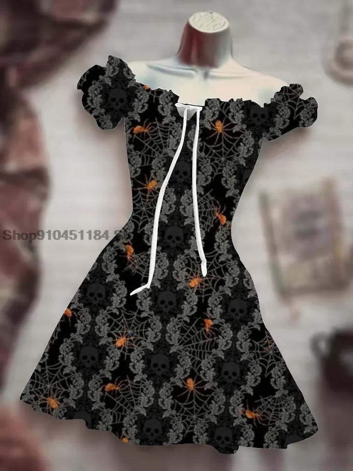 New Halloween Humor Funny Horror Print Costume Summer Ladies Puff Sleeve Mid Waist Dress Women Fashion Everyday Clothing