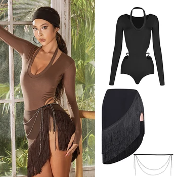 ZYM – vêtements de danse latine pour femmes, vêtements d'entraînement, col licou, jupe à franges, Cha Cha Rumba Samba, Costume de spectacle de danse DNV21386