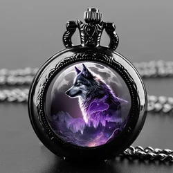 Purple Wolf Retro Quartz Pocket Watch Necklace Clock Pendant Vintage Fob Watches Jewerry Gift Chain Watches Gift for Men Unisex