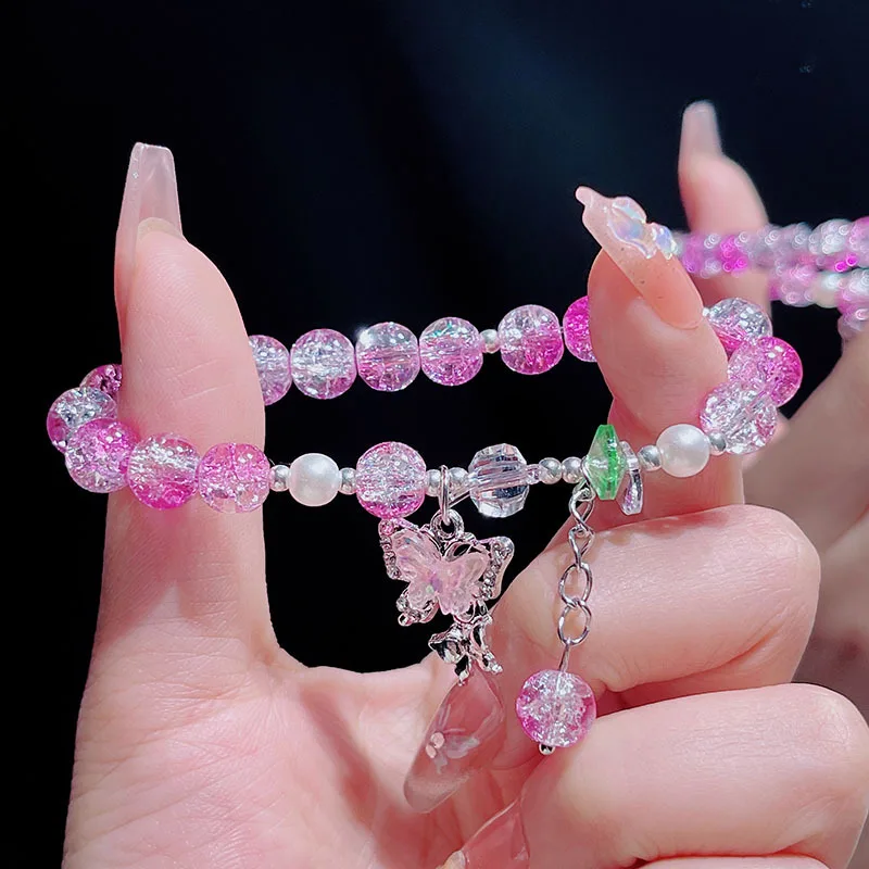 Hot Selling Butterfly Shape Ice Cracking Crystal Beaded Strand Hand Bracelets for Women Girls Student Low Price Jewelry YBR1171