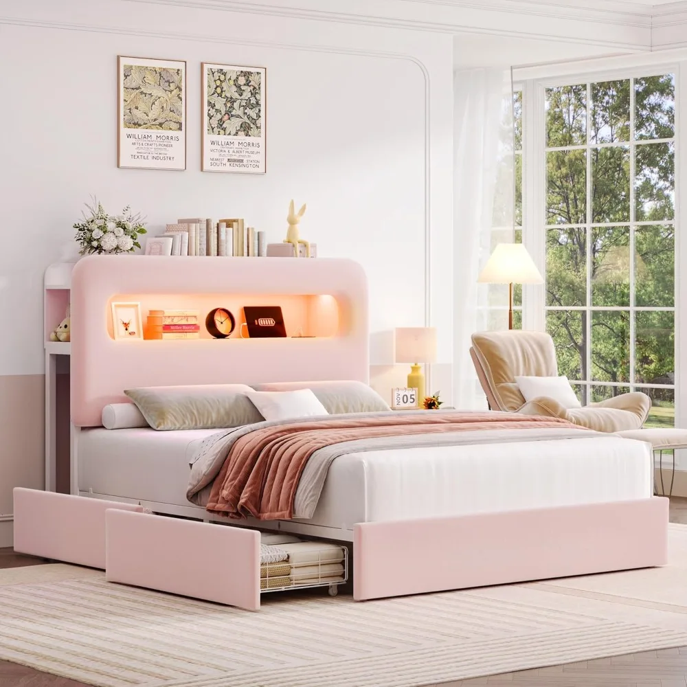 

Full LED Bed Frame with Storage Headboard and Charging Station, Girls Bed Frame with 4 Drawers and USB Ports
