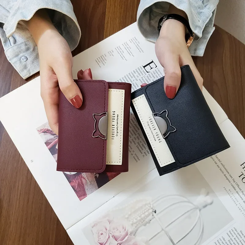 Cartera de cuero para mujer, cartera pequeña con orejas de gato, tres pliegues, a la moda, tarjetero