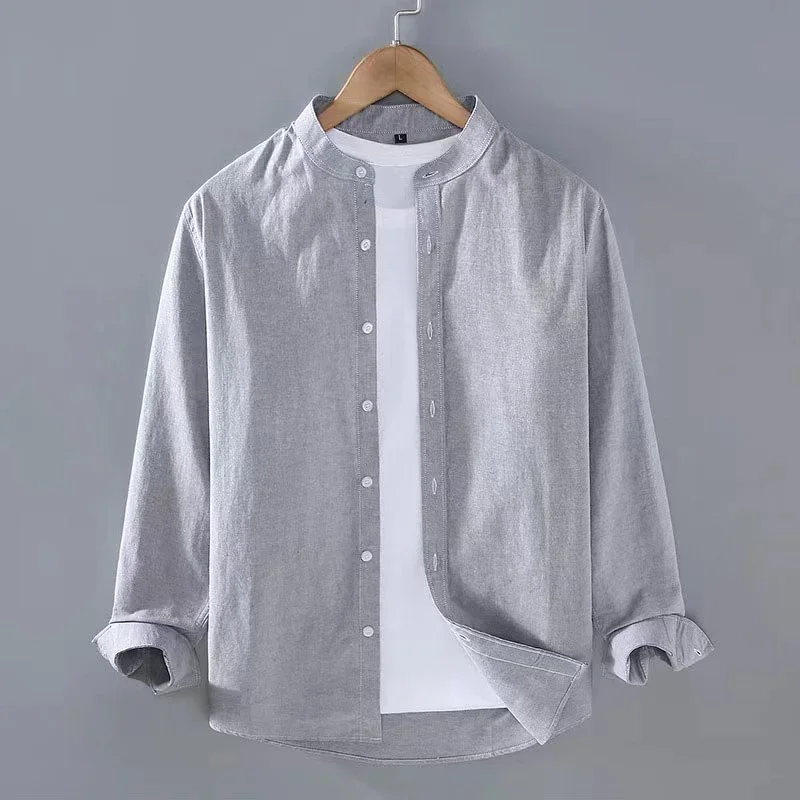 2023 Linen Shirt Stand Collar Long Sleeve Henley White Black Soft Comfortable Simple Spring Summer Men\'s Shirt Solid Color