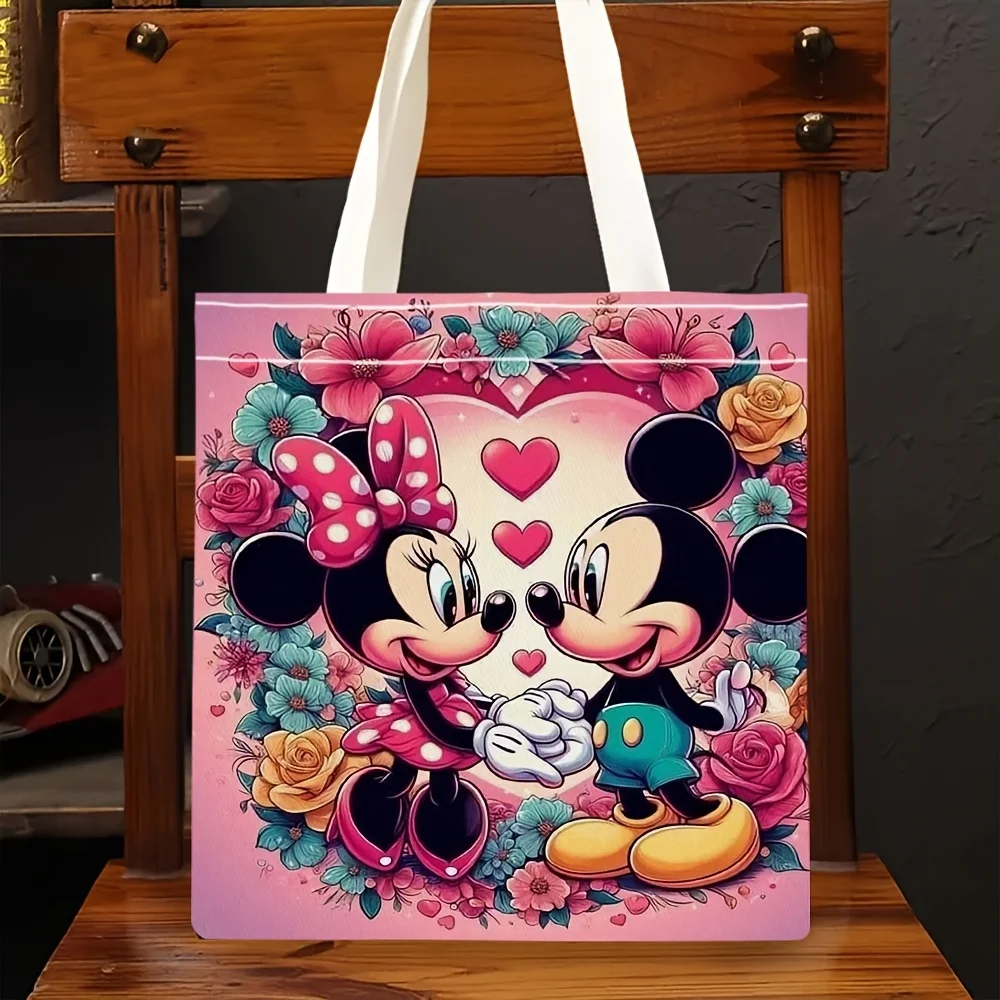 1pc Mickey Minnie Mouse Floral Heart Frame Print Tote Bag, r