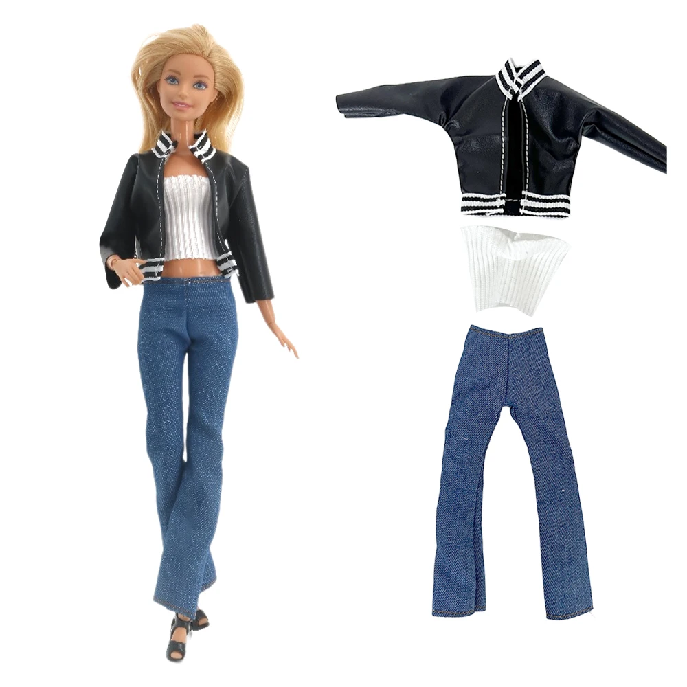 NK 1 Pcs For Barbie Clothes Doll casual style outfit: black Cool jacket + white top + jeans Doll Clothes Clothes for Dolls 30 CM