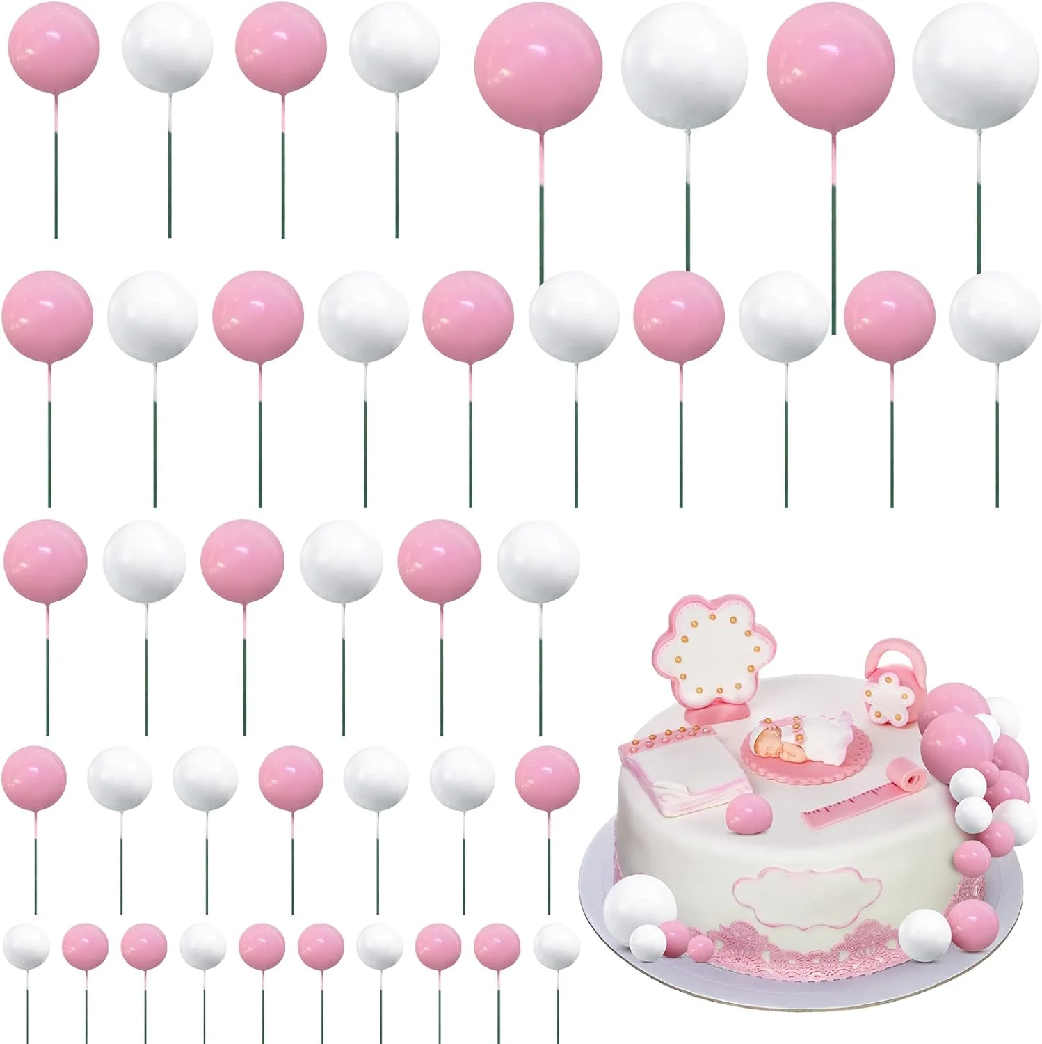 50pcs Blue Pink Balls Cake Toppers White Cake Topper Balls for Gender Revel Party Birthday Baby Shower Wedding Decration