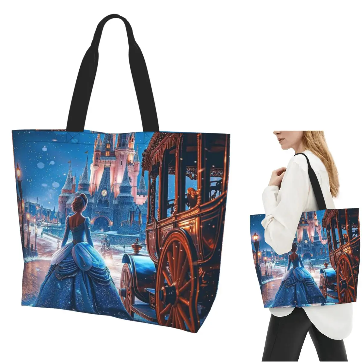 

Cinderella Cartoon Shopping Tote Bag Canvas Large Capacity Shoulder Bags Shopper Grocery Handbag for Women