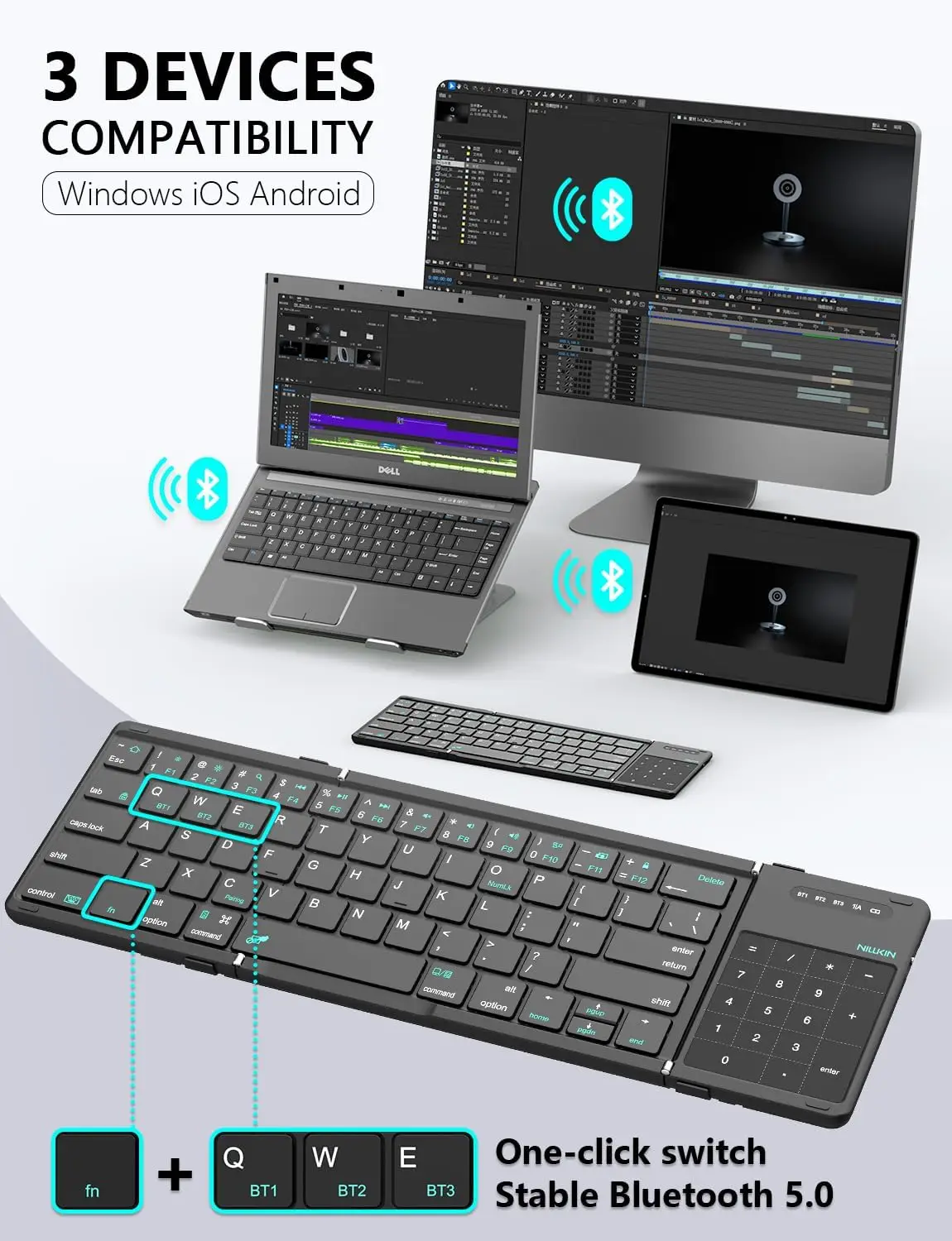 Nillkin Bluetooth 5.0 Foldable Keyboard with Trackpad & Numpad, Full-Size Travel Keyboard for iPad Tablet Laptop PC iOS Android