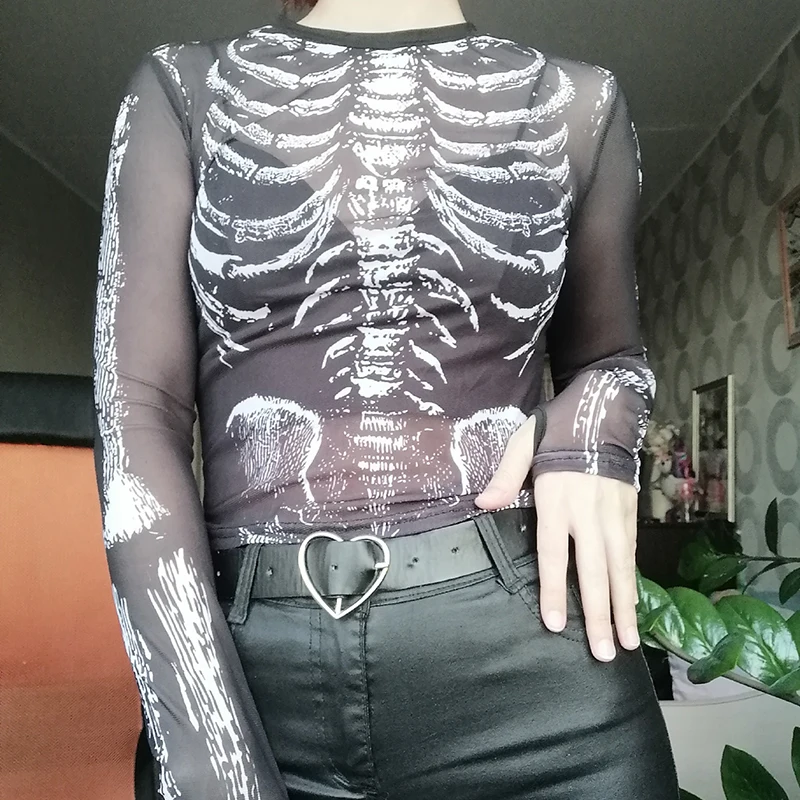 

Goth Dark Skeleton Print Mesh Mall Gothic Women T-shirts Grunge Aesthetic See Through Sexy Crop Tops Emo Black egirl Alt Clothes