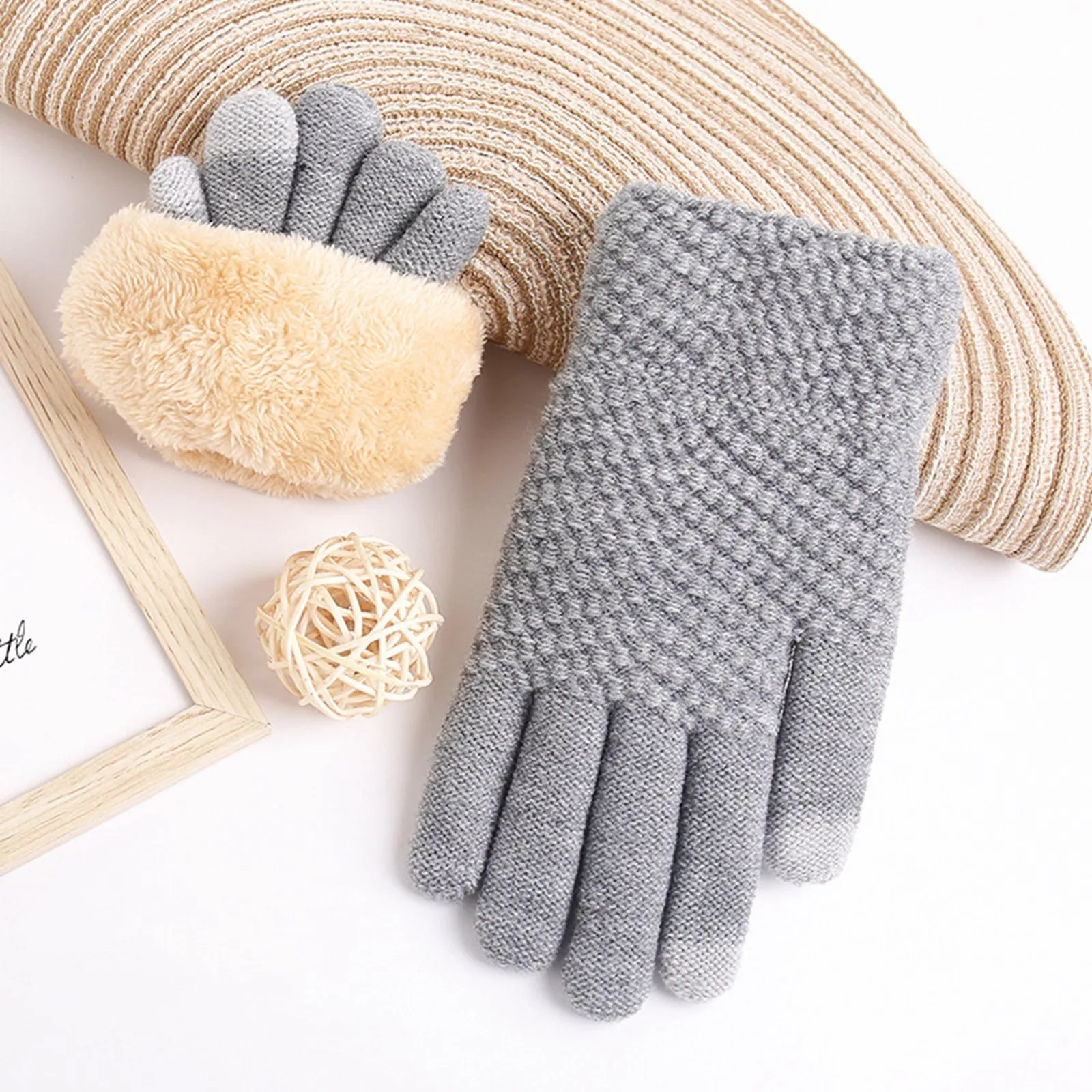 Women Gloves Knitted Wool Skin Friendly Screen Thicken Solid Color Crochet Warm Knitted Mittens Wool Full Finger Adult Gloves