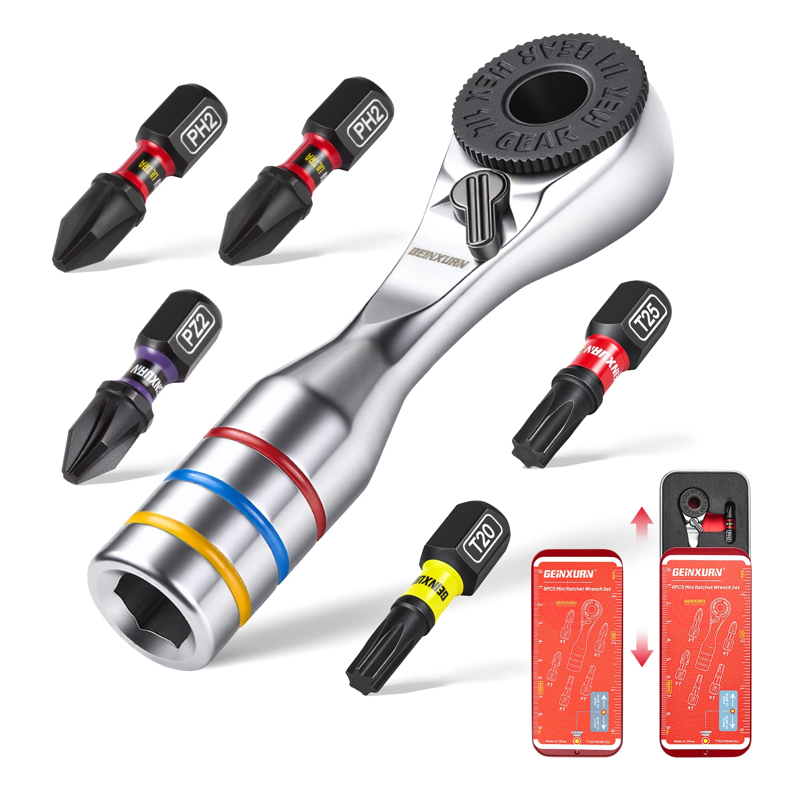 Geinxurn – Lot de 6 mini clés à cliquet, embouts ULTRA TORQUE avec embouts PH2, PH2+, PZ2, T20, T25, SQ2 de 1 pouce, boîte en fer portable