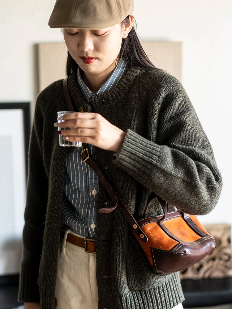

PNDME Fashion vintage vegetable tanned cowhide women's handbag outdoor party handmade genuine leather shoulder crossbody bag