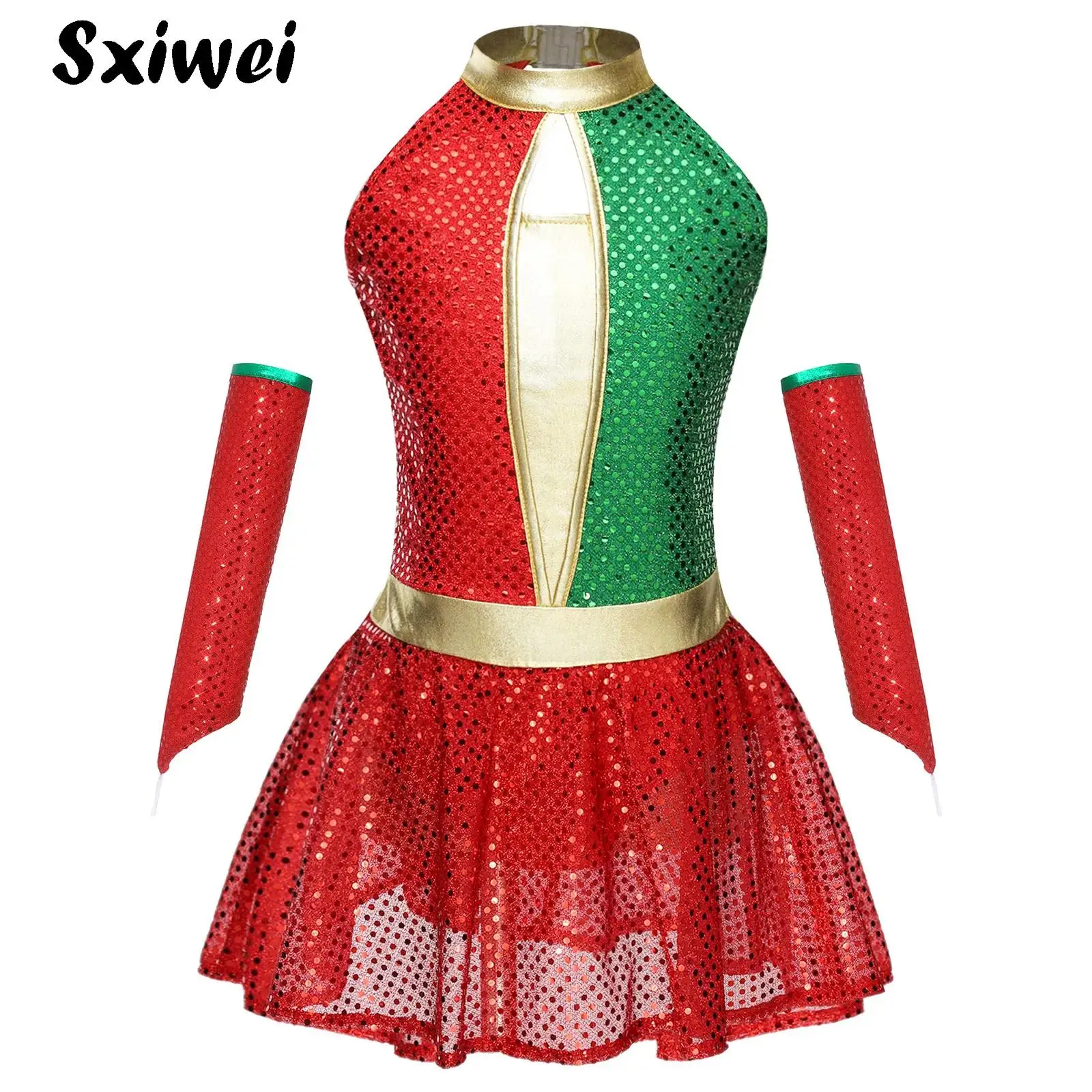 

Girls Christmas Jazz Latin Ballet Dance Outfits Shiny Sequins Leotard Dress and Oversleeve Halloween Circus Performance Costume