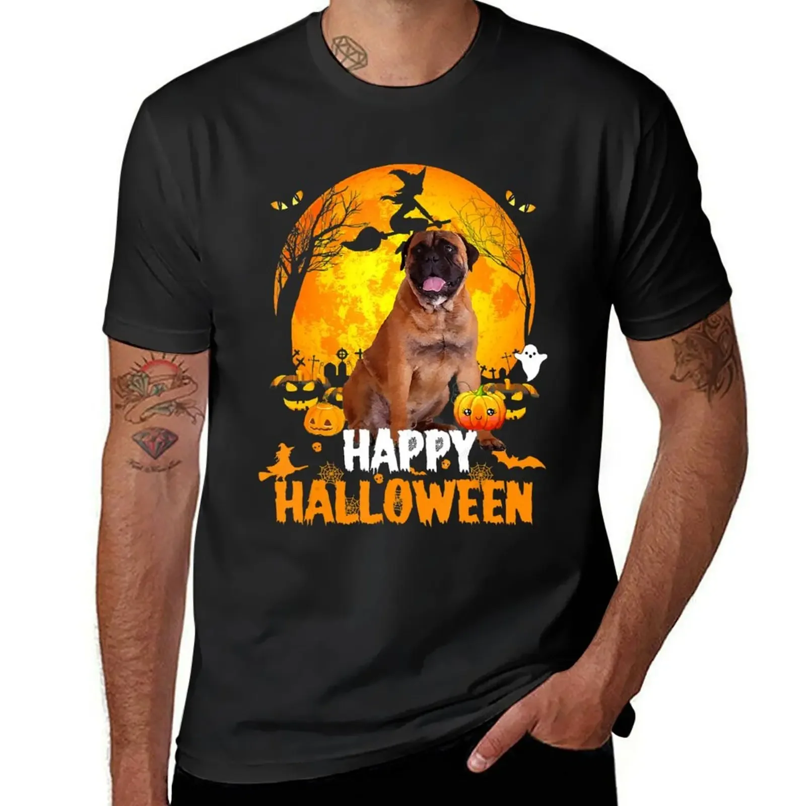 Bullmastiff Dog Happy Halloween Day With the Moon & Pumpkin T-Shirt custom shirt cute clothes mens clothes